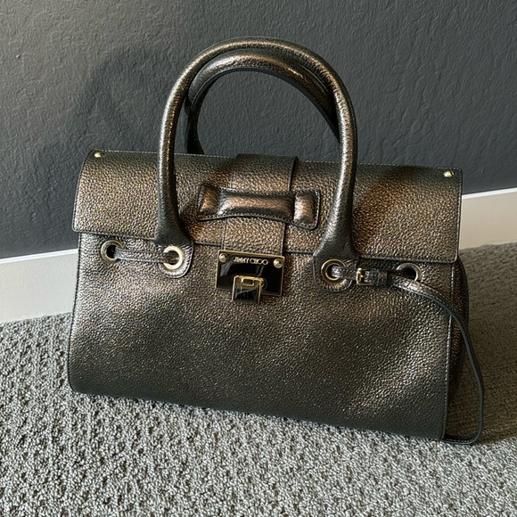 Jimmy Choo Handbag Women’s Rosalie Darkbrown Gunmetal Leather Medium Satchel NWT - Picture 1 of 12
